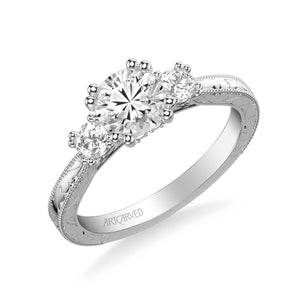 Artcarved "Anabelle" Three Stone Diamond Engagement Ring Featuring Engraved Shank