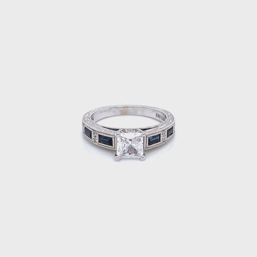 Kirk Kara White Gold "Charlotte" Blue Sapphire Baguette and Diamond Engagement Ring Full Shot Video