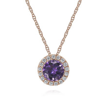 Load image into Gallery viewer, Gabriel &amp; Co. Round Cut Amethyst &amp; Diamond Halo Pendant
