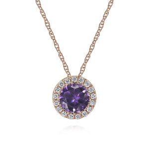 Gabriel & Co. Round Cut Amethyst & Diamond Halo Pendant