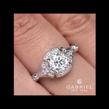 Load and play video in Gallery viewer, Gabriel &amp; Co. &quot;Columbus&quot; Art Deco Style Halo Diamond Engagement Ring
