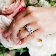 Load image into Gallery viewer, Kirk Kara White Gold Dahlia Marquise Shaped Blue Sapphire Diamond Engagement Ring And Band on model 
