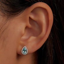 Load image into Gallery viewer, Lafonn Lab-Grown Pear Cut Teal Sapphire Halo Stud Earrings
