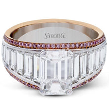 Load image into Gallery viewer, Simon G. 18K White and Rose Gold Large Center Emerald Cut Diamond Baguette Engagement Ring
