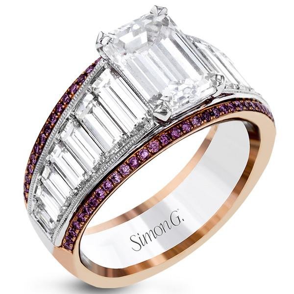 Simon G. 18K White and Rose Gold Large Center Emerald Cut Diamond Baguette Engagement Ring